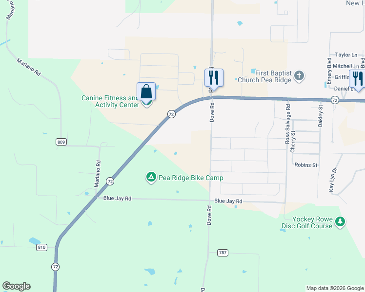 map of restaurants, bars, coffee shops, grocery stores, and more near 14245 Dove Road in Pea Ridge