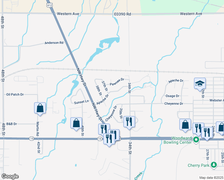 map of restaurants, bars, coffee shops, grocery stores, and more near 3603 Pawnee Drive in Woodward