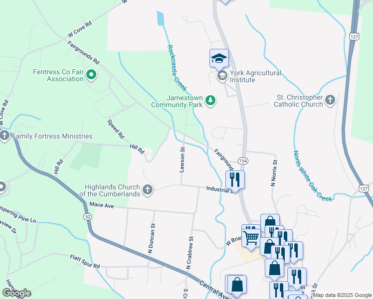 map of restaurants, bars, coffee shops, grocery stores, and more near 428 Lawson Street in Jamestown