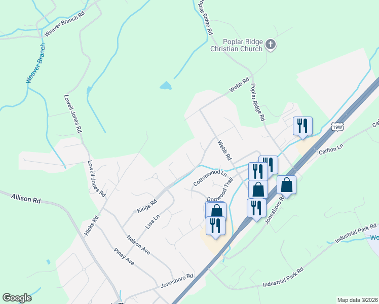 map of restaurants, bars, coffee shops, grocery stores, and more near 620 Willow Court in Piney Flats