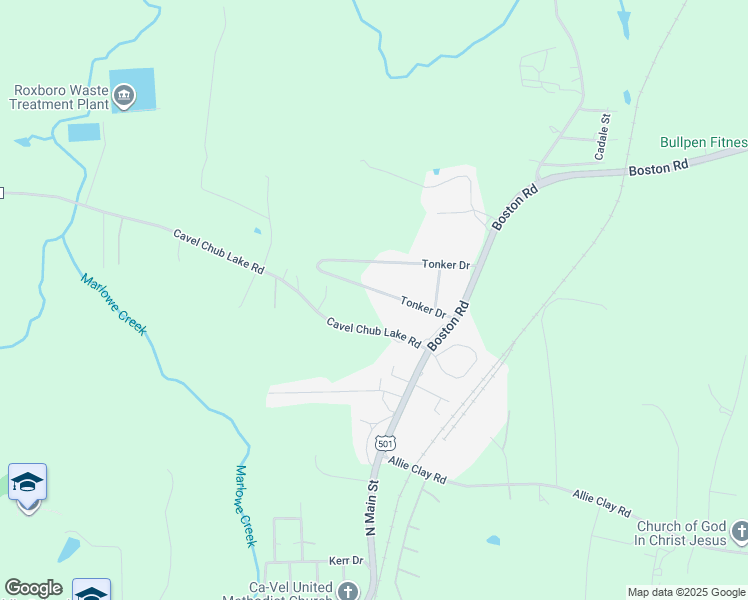 map of restaurants, bars, coffee shops, grocery stores, and more near 203 Tonker Drive in Roxboro