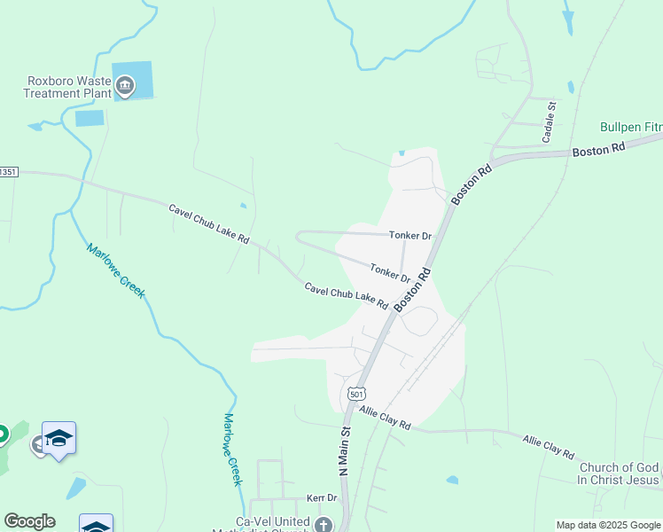 map of restaurants, bars, coffee shops, grocery stores, and more near 203 Tonker Drive in Roxboro