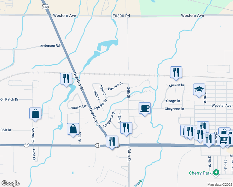 map of restaurants, bars, coffee shops, grocery stores, and more near 3603 Pawnee Drive in Woodward