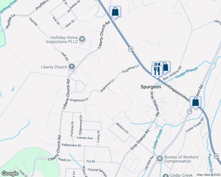 map of restaurants, bars, coffee shops, grocery stores, and more near 213 Dogwood Lane in Kingsport