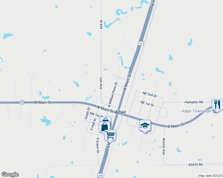 map of restaurants, bars, coffee shops, grocery stores, and more near 302 Will Penn Street in Adair