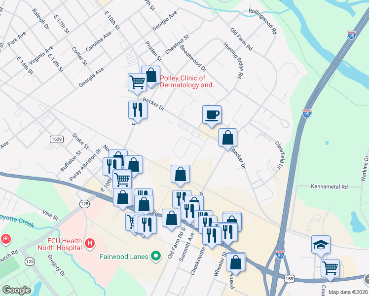map of restaurants, bars, coffee shops, grocery stores, and more near 126 Devonshire Circle in Roanoke Rapids
