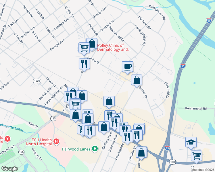 map of restaurants, bars, coffee shops, grocery stores, and more near 126 Devonshire Circle in Roanoke Rapids