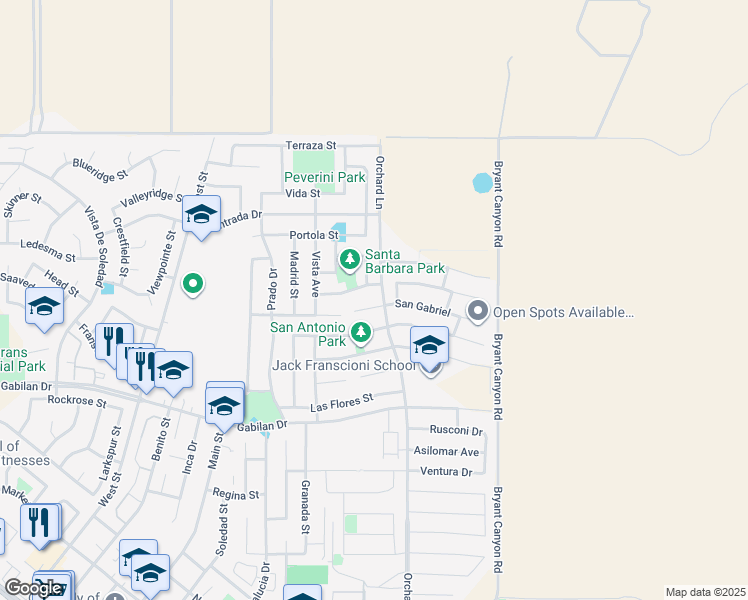 map of restaurants, bars, coffee shops, grocery stores, and more near 963 San Gabriel in Soledad