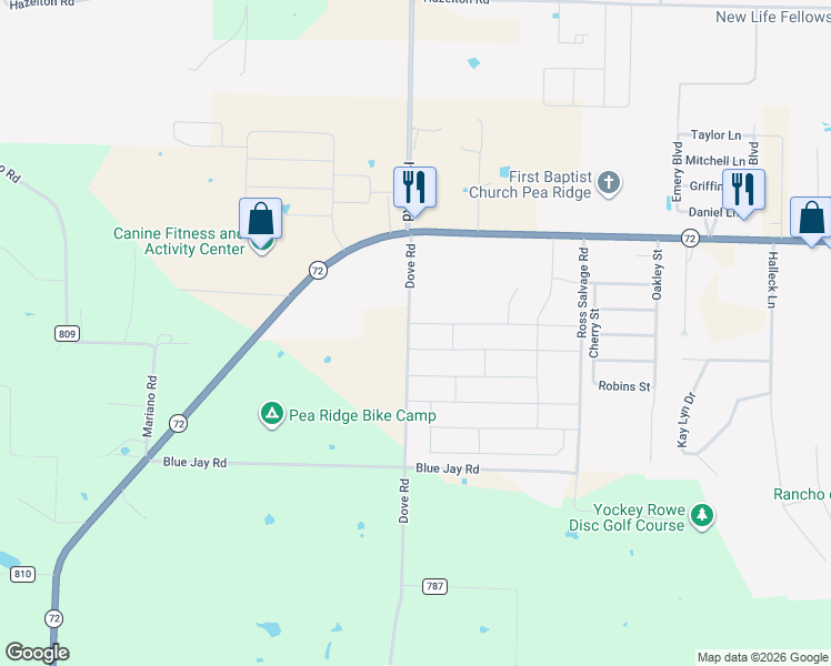 map of restaurants, bars, coffee shops, grocery stores, and more near 14245 Dove Road in Pea Ridge