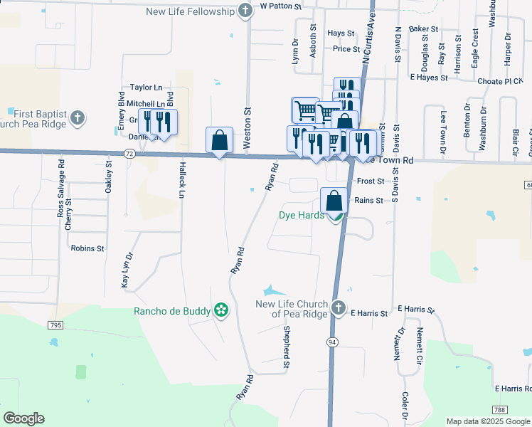 map of restaurants, bars, coffee shops, grocery stores, and more near 390 Ryan Road in Pea Ridge