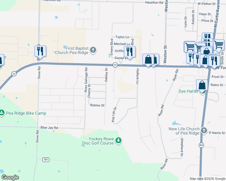 map of restaurants, bars, coffee shops, grocery stores, and more near 1435 Kay Lynn Circle in Pea Ridge