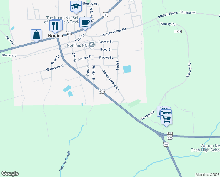 map of restaurants, bars, coffee shops, grocery stores, and more near 1-5 Peoples Drive in Norlina