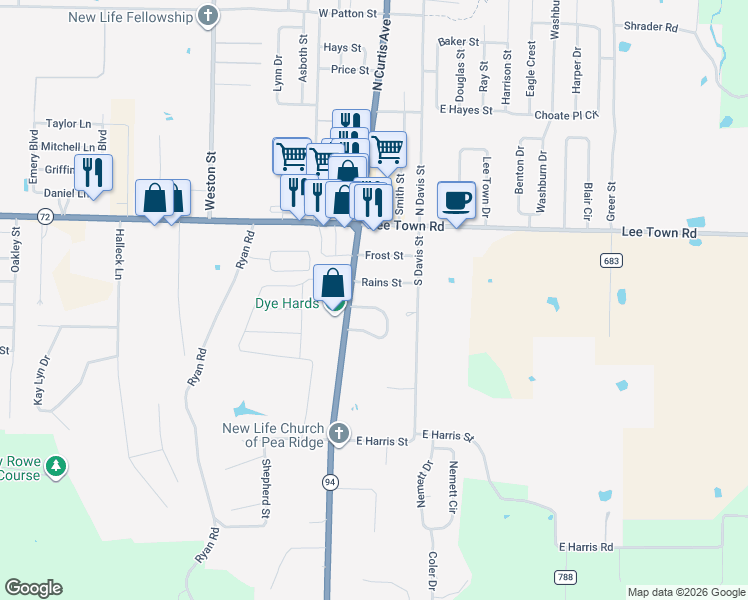 map of restaurants, bars, coffee shops, grocery stores, and more near 104 Henry Little Circle in Pea Ridge