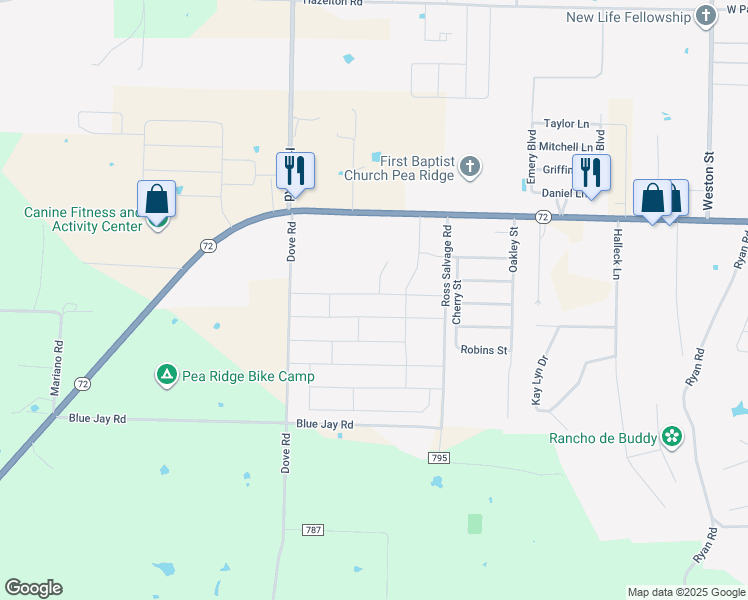 map of restaurants, bars, coffee shops, grocery stores, and more near 1709 Gaines Street in Pea Ridge