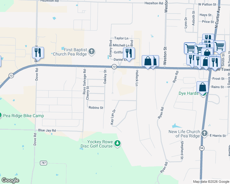 map of restaurants, bars, coffee shops, grocery stores, and more near 1435 Kay Lynn Circle in Pea Ridge
