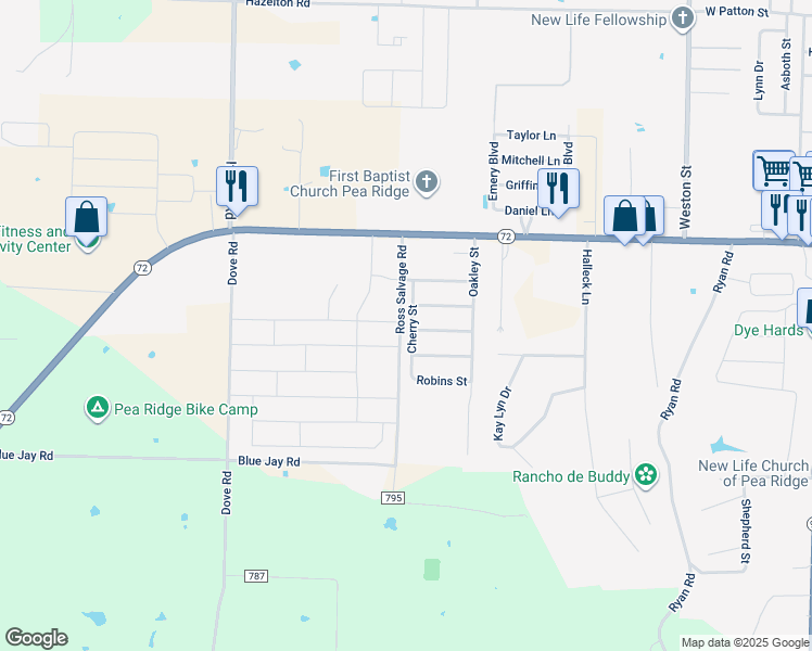 map of restaurants, bars, coffee shops, grocery stores, and more near 305 Cherry Street in Pea Ridge