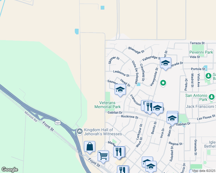 map of restaurants, bars, coffee shops, grocery stores, and more near 457 Ortiz Street in Soledad