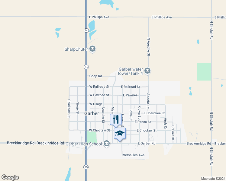 map of restaurants, bars, coffee shops, grocery stores, and more near 224 Main Street in Garber
