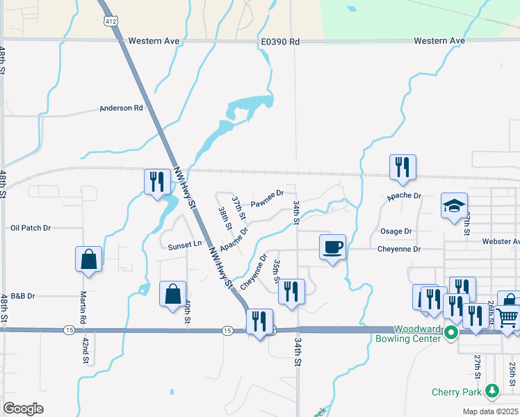 map of restaurants, bars, coffee shops, grocery stores, and more near 3603 Pawnee Drive in Woodward