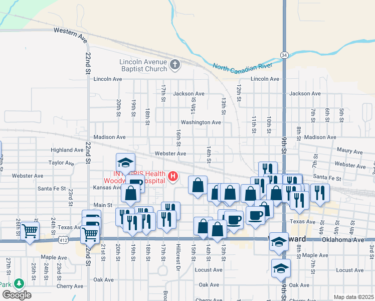 map of restaurants, bars, coffee shops, grocery stores, and more near 1510 Webster Avenue in Woodward