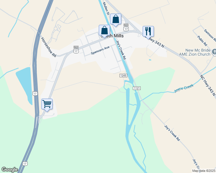 map of restaurants, bars, coffee shops, grocery stores, and more near South Mills Road in South Mills