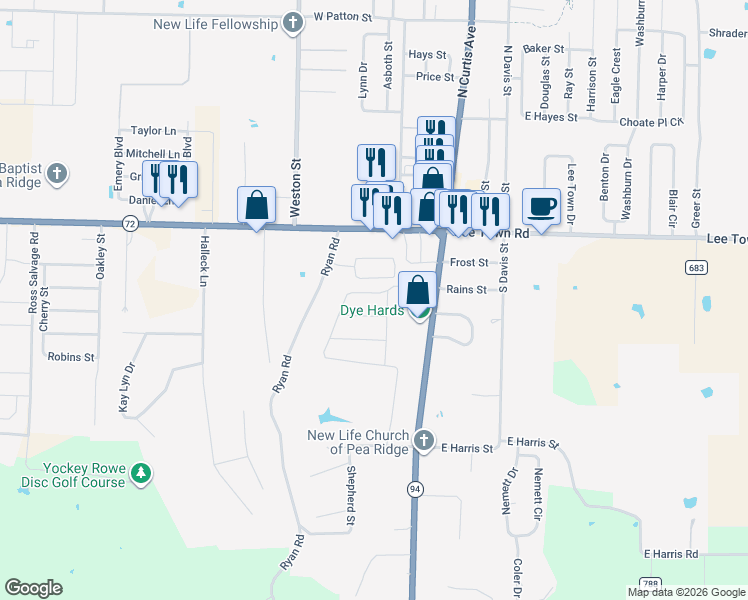 map of restaurants, bars, coffee shops, grocery stores, and more near 385 Hall Place in Pea Ridge