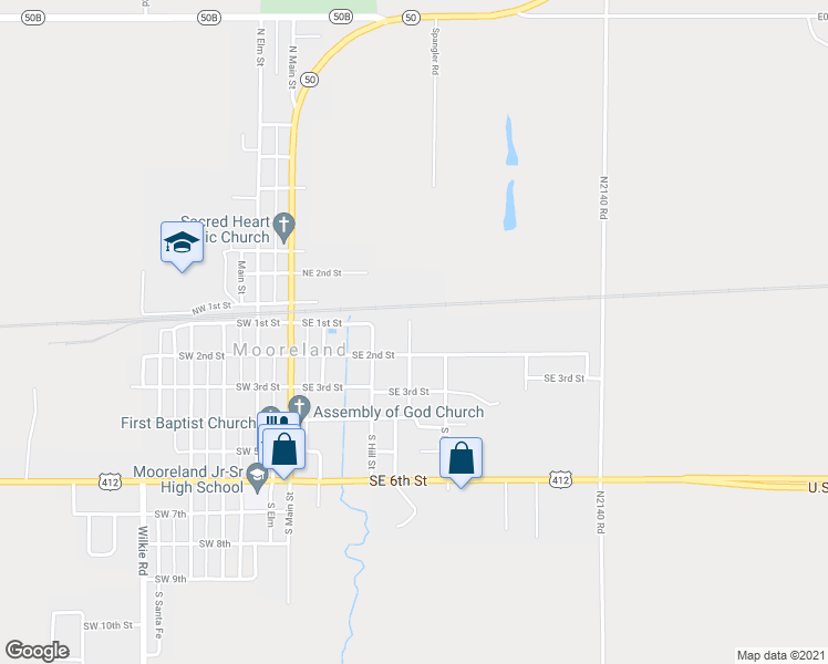 map of restaurants, bars, coffee shops, grocery stores, and more near 100 Graham in Mooreland
