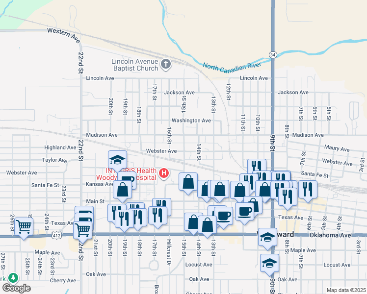 map of restaurants, bars, coffee shops, grocery stores, and more near 1510 Webster Avenue in Woodward
