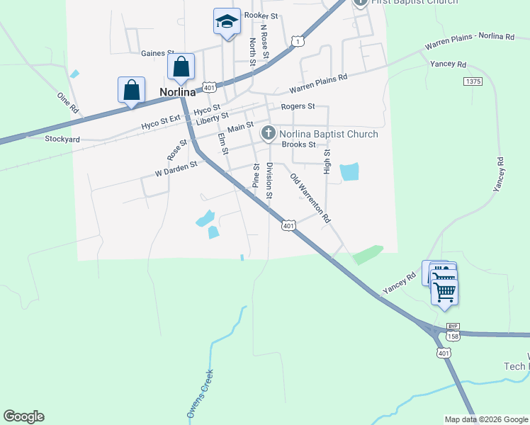 map of restaurants, bars, coffee shops, grocery stores, and more near Division Street in Norlina