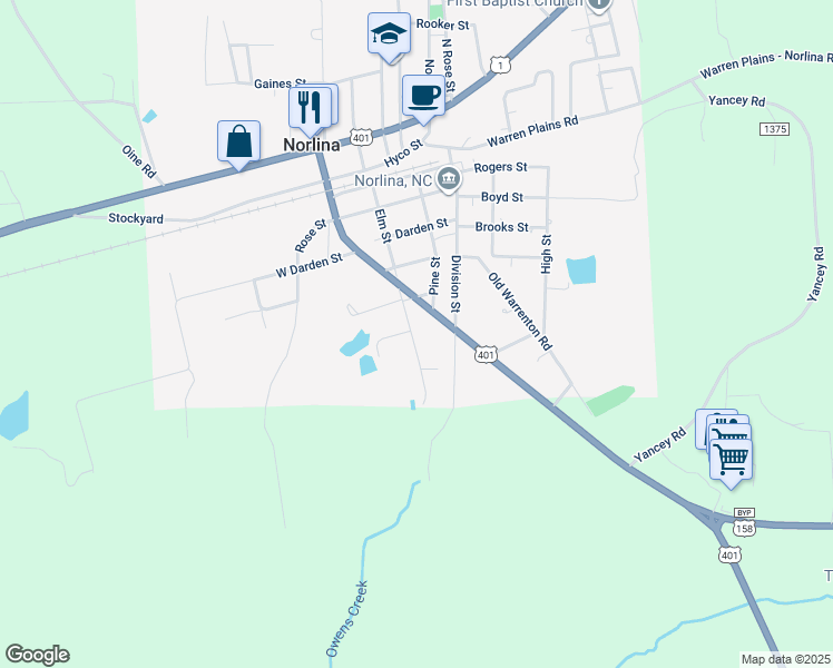 map of restaurants, bars, coffee shops, grocery stores, and more near 307 Elm Street in Norlina