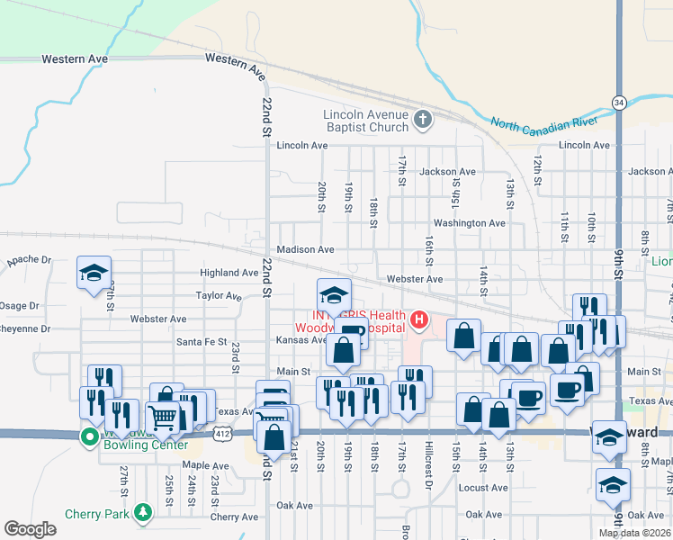 map of restaurants, bars, coffee shops, grocery stores, and more near 806 19th Street in Woodward