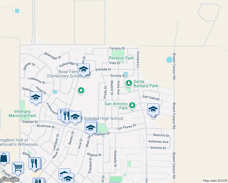 map of restaurants, bars, coffee shops, grocery stores, and more near 1064 Madrid Street in Soledad