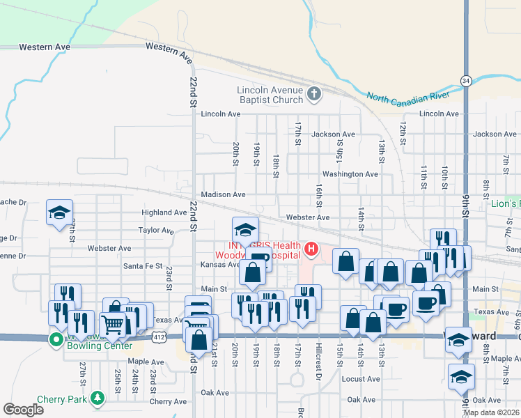 map of restaurants, bars, coffee shops, grocery stores, and more near 806 19th Street in Woodward