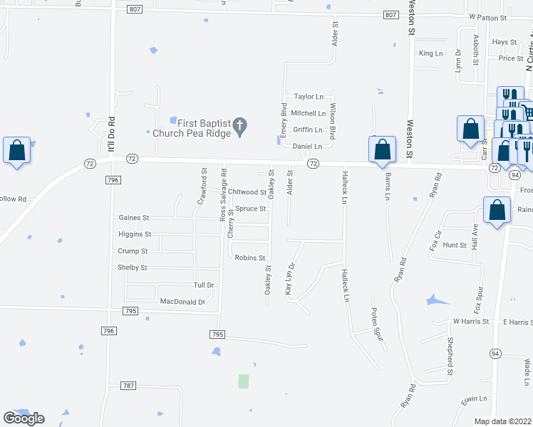 map of restaurants, bars, coffee shops, grocery stores, and more near 1301 Spruce Street in Pea Ridge