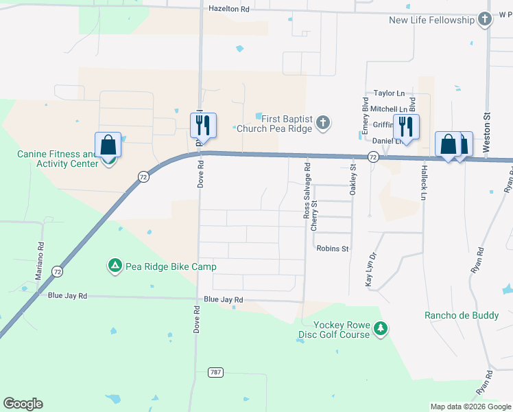 map of restaurants, bars, coffee shops, grocery stores, and more near 1709 Gaines Street in Pea Ridge