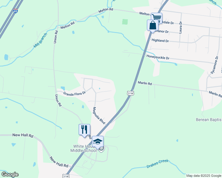 map of restaurants, bars, coffee shops, grocery stores, and more near 135 Star Place in White House