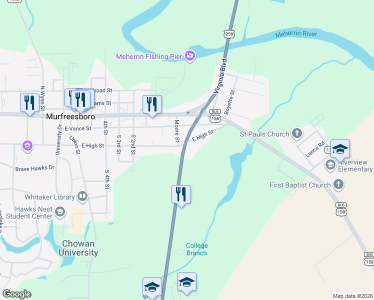 map of restaurants, bars, coffee shops, grocery stores, and more near 305 Beechwood Boulevard in Murfreesboro