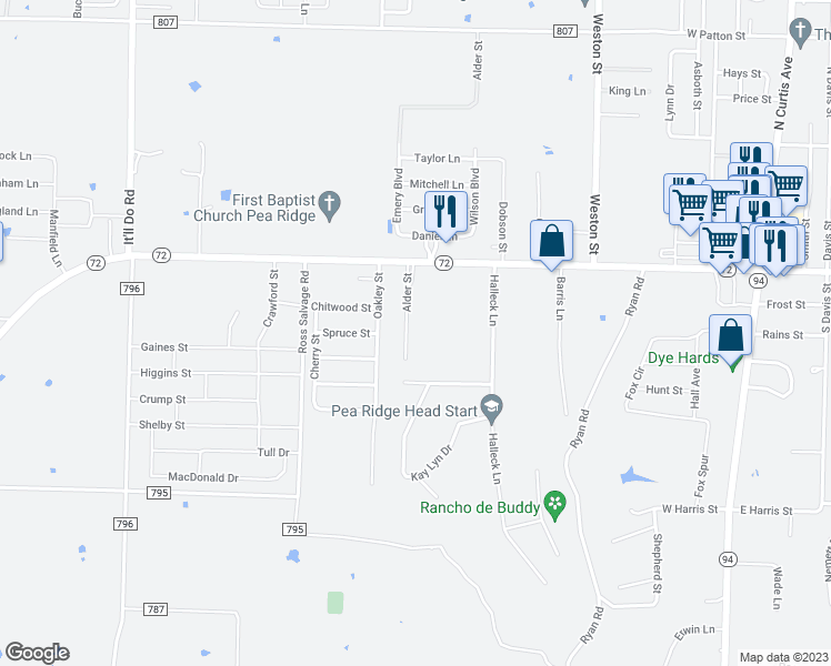 map of restaurants, bars, coffee shops, grocery stores, and more near 314 Alder Street in Pea Ridge