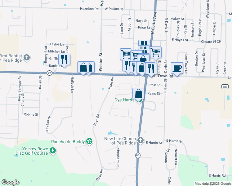 map of restaurants, bars, coffee shops, grocery stores, and more near 390 Ryan Road in Pea Ridge