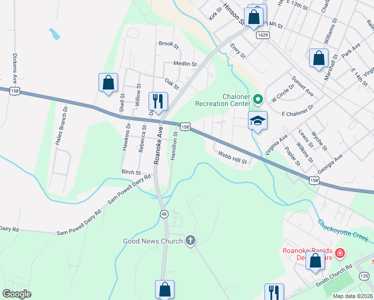 map of restaurants, bars, coffee shops, grocery stores, and more near 2215 Hamilton Street in Roanoke Rapids