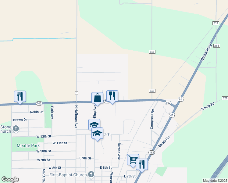 map of restaurants, bars, coffee shops, grocery stores, and more near Highway 162 in Portageville