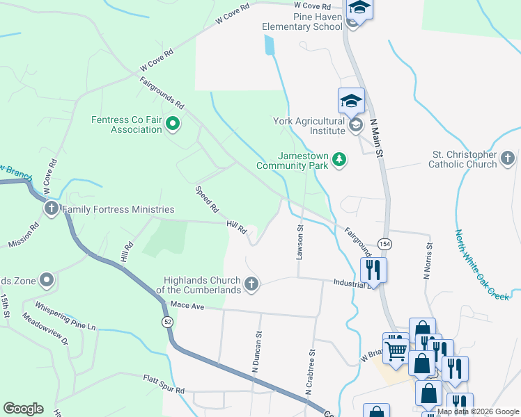 map of restaurants, bars, coffee shops, grocery stores, and more near 442 Hill Road in Jamestown