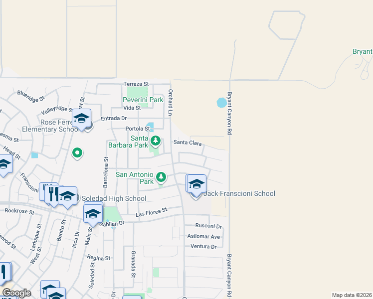 map of restaurants, bars, coffee shops, grocery stores, and more near 1019 San Gabriel in Soledad