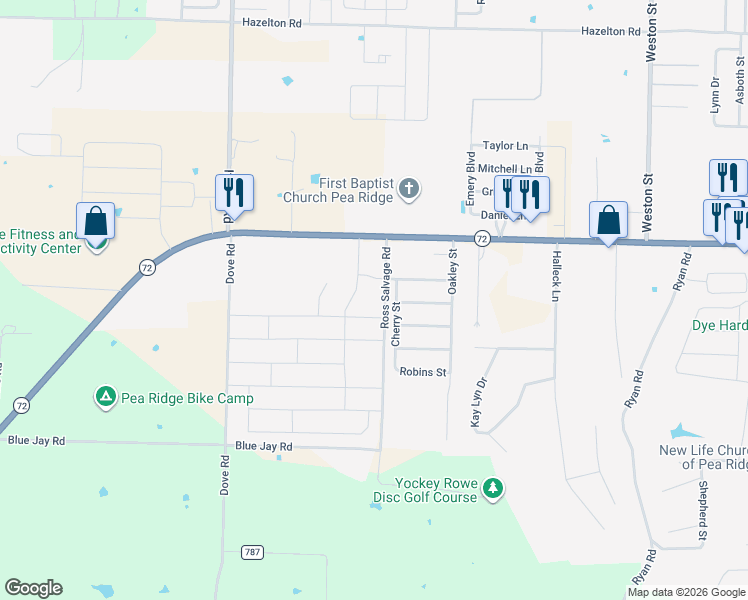 map of restaurants, bars, coffee shops, grocery stores, and more near 201 Cherry Street in Pea Ridge