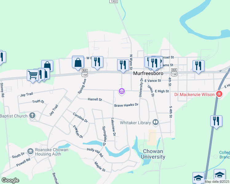 map of restaurants, bars, coffee shops, grocery stores, and more near 211 West High Street in Murfreesboro