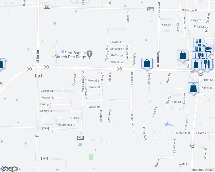 map of restaurants, bars, coffee shops, grocery stores, and more near 303 Alder Street in Pea Ridge
