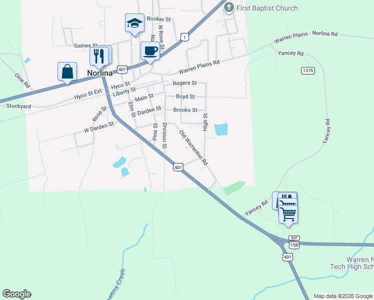 map of restaurants, bars, coffee shops, grocery stores, and more near 203-215 Old Warrenton Rd in Norlina