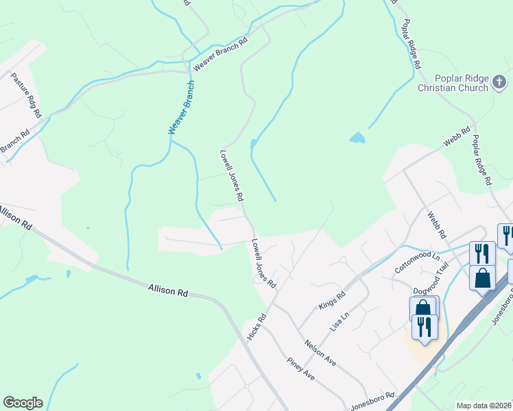 map of restaurants, bars, coffee shops, grocery stores, and more near 460 Lowell Jones Road in Piney Flats