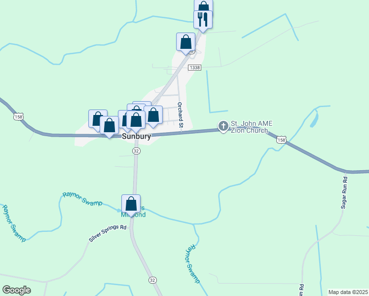 map of restaurants, bars, coffee shops, grocery stores, and more near 6 North Carolina 32 in Sunbury