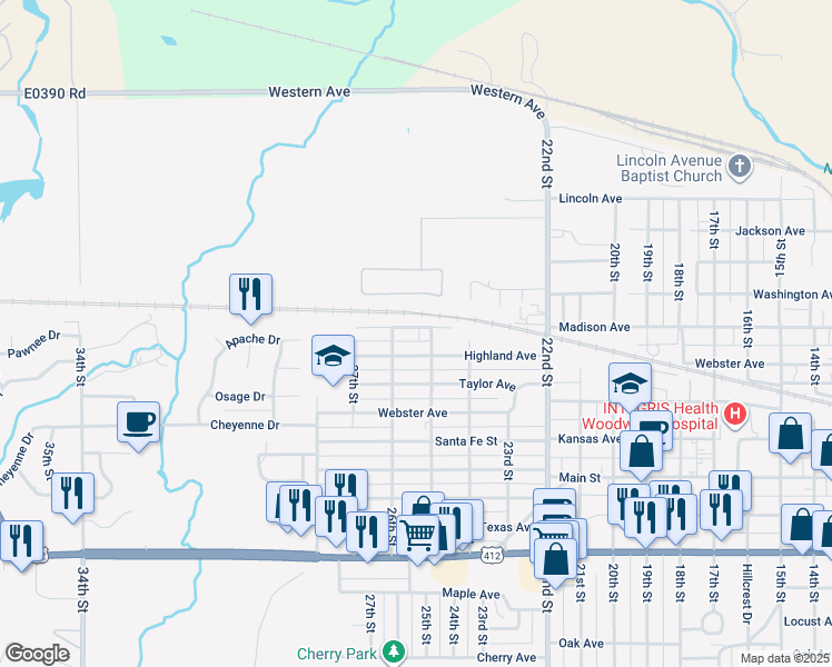 map of restaurants, bars, coffee shops, grocery stores, and more near 2511 Madison Avenue in Woodward